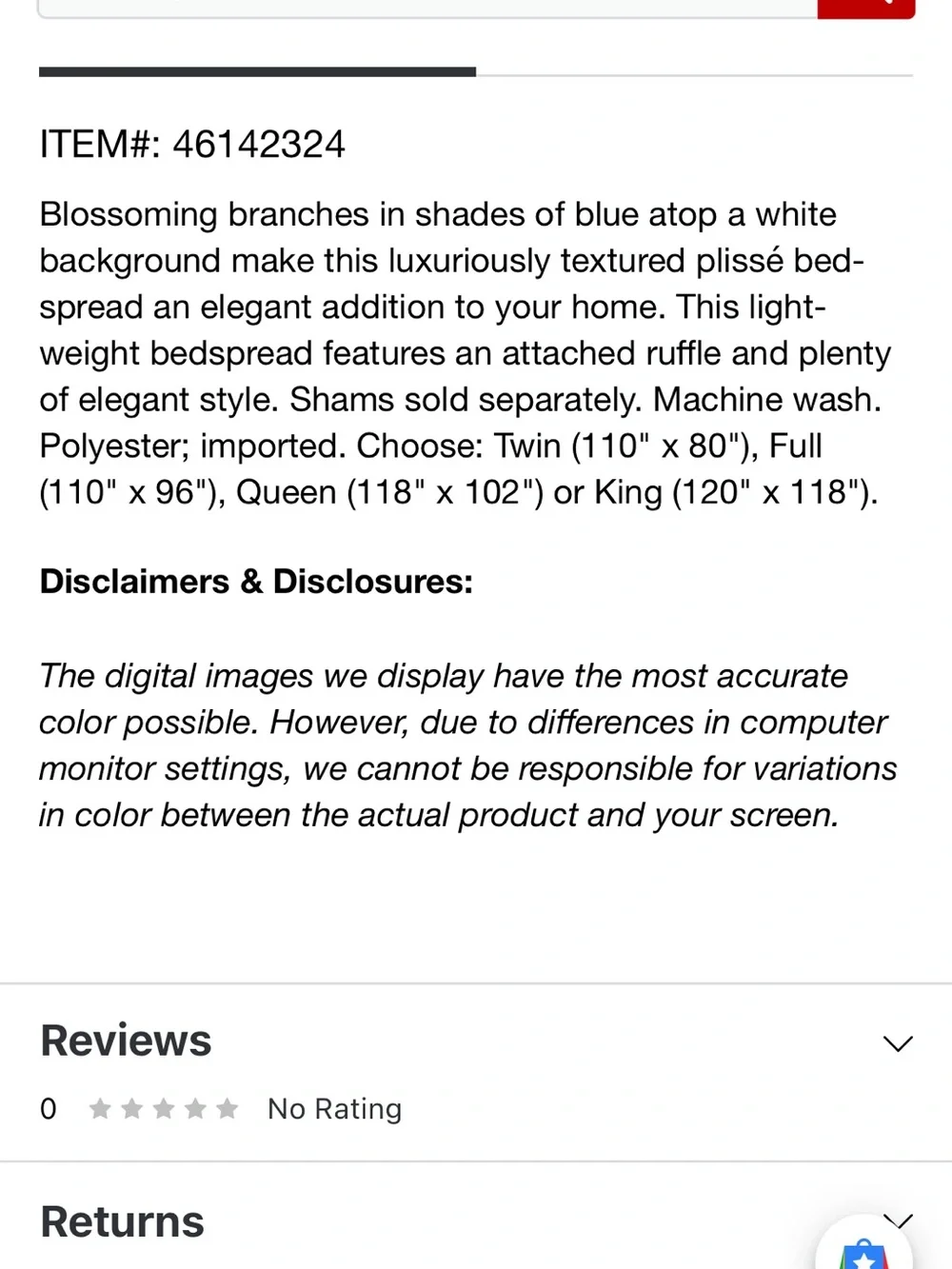 Audrey Blossoms Plissé Ruffled Edge Bedspread - Blue and White Full NO SHAMS